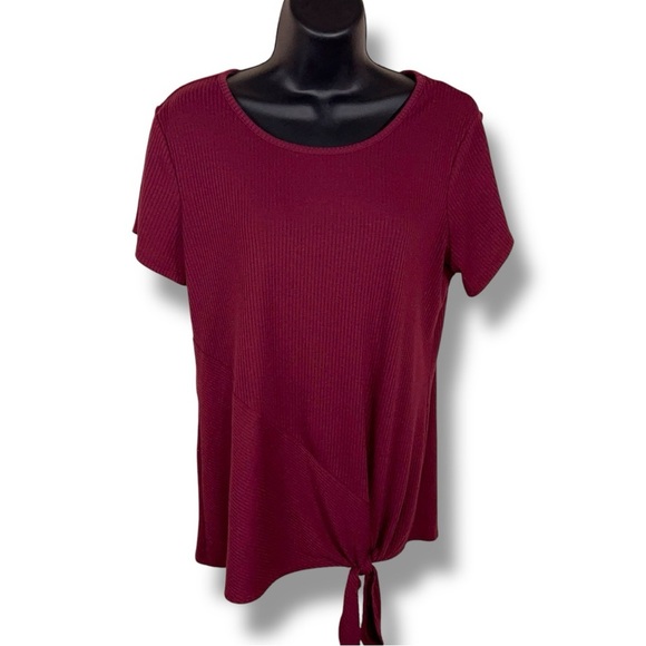 Medium Apt 9 Burgundy Red Short Sleeve Top Knot Accent Ribbed Stretch Casual - Picture 1 of 13